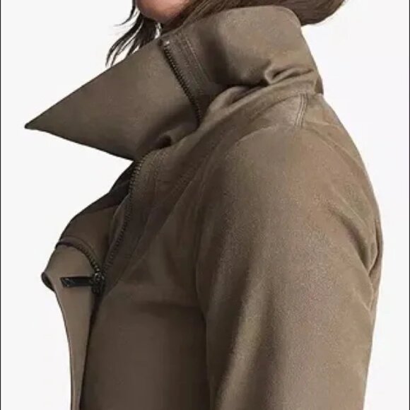 NWT REISS Rae Rib Sleeve Leather Jacket In Stone - Picture 5 of 12